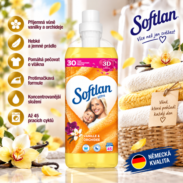 Softlan Ultra 3D Vanilka a Orchidej aviváž – 1 l, 45 pracích cyklů